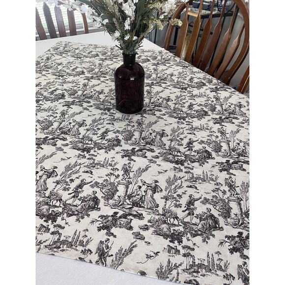 Vintage Toile Tablecloth Handmade Gray & White - Picture 1 of 8